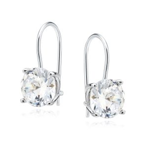 Pair of silver lever-back earrings, each with a large round clear gemstone held by prongs.