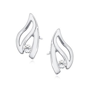 Silver abstract curved earrings with a single round-cut gemstone at the base, post back styling.
