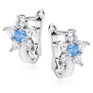 Flower-shaped stud earrings with a blue center gemstone surrounded by six clear stones set in silver metal.