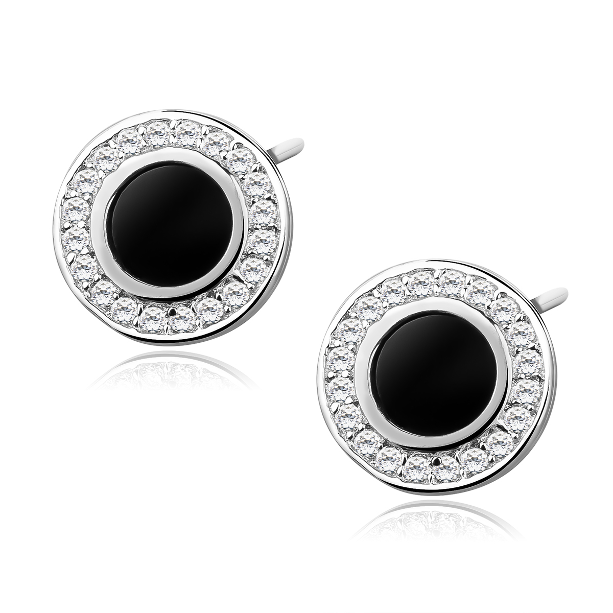 Pair of round stud earrings with a black center stone encircled by a halo of small diamonds in a silver setting.