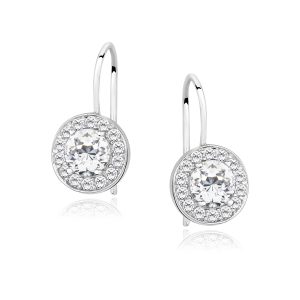 Pair of silver-tone halo earrings featuring a central clear stone surrounded by smaller pavé stones, with lever-back hooks.
