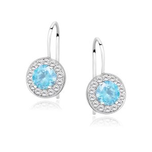 Silver lever-back earrings with a round blue aquamarine center surrounded by a halo of small clear crystals (halo setting).