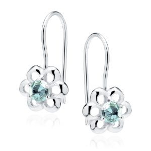 Silver flower-shaped earrings with pale blue central gemstone on lever back hooks