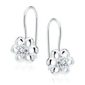 Silver hook earrings with a flower-shaped setting featuring a clear central gemstone (diamond-looking)