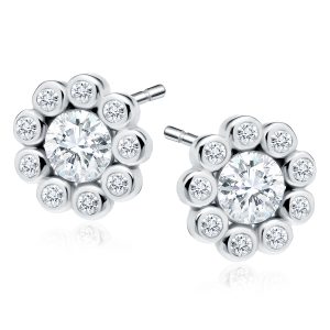 Silver stud earrings with a central large diamond surrounded by a halo of smaller diamonds in a flower-like design, with posts shown behind.