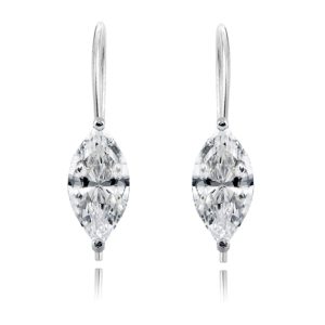 Pair of silver-tone drop earrings with marquise-cut clear gemstones (diamonds) hanging from curved hooks